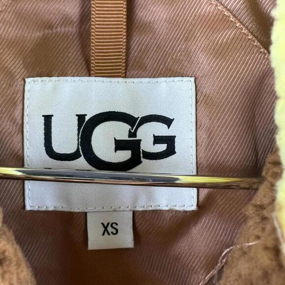 UGG Women’s Sherpa Fleece Jacket XS Brown White Yellow Retro Full Zip Teddy Coat - Picture 4 of 6